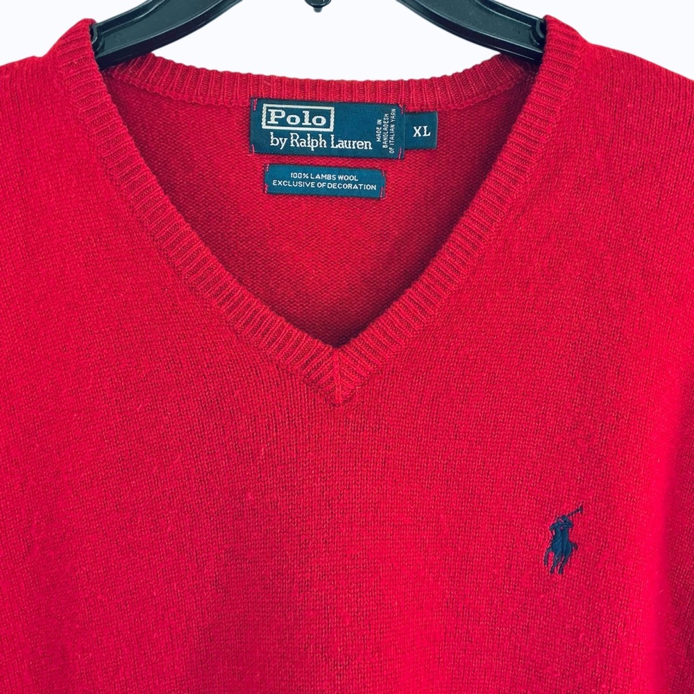 Polo Ralph Lauren Men's XL Red V-Neck 100% Lambswool Classic Fit Sweater